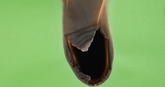 Burning green paper on a black background. The hole in the center starts burning. The sheet of paper burns out completely.