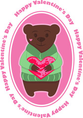 Valentin day greeting card with lettering and Bear holding heart 