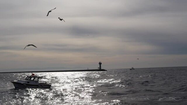 Seagulls and a boat traveling on the waves by the Bosphorus Lighthouse in Istanbul -low aerial