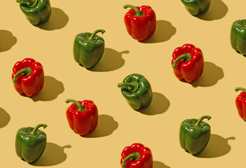 Red and green bell peppers on a pastel yellow background. Creative fresh food pattern.