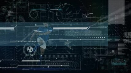 Animation of digital data processing over male football player kicking ball - Powered by Adobe