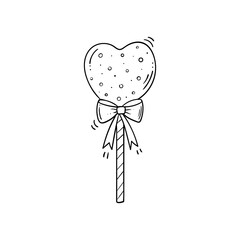 Fototapeta na wymiar Black and white heart shaped lollipop with bow knot on stripped stick in doodle style