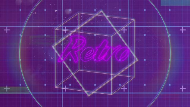 Animation of retro text in pink neon letters over geometric figures and spotlights