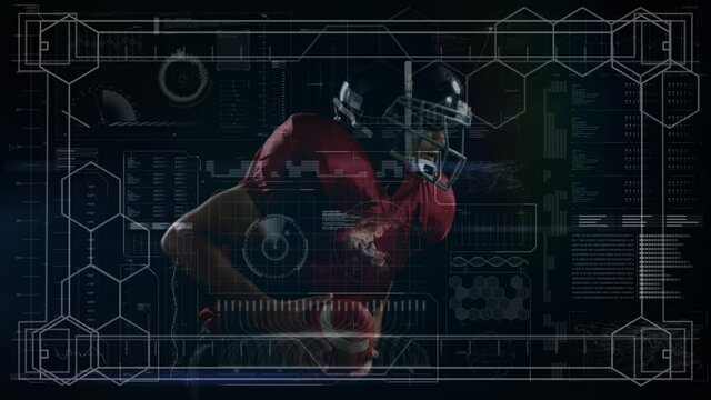 Animation of digital data processing over american football player running with ball