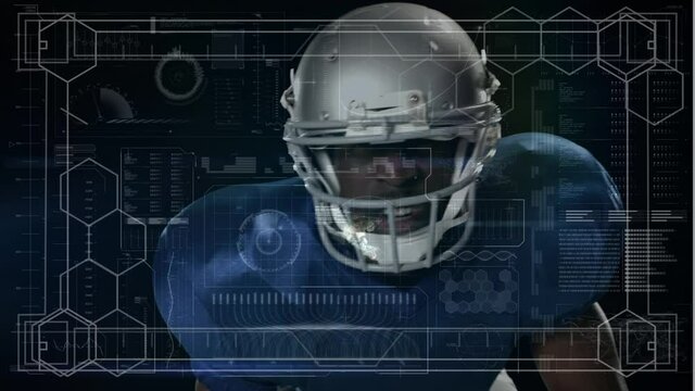 Animation of digital data processing over portrait of american football player
