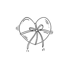 Black and white heart as gift with bow in doodle style