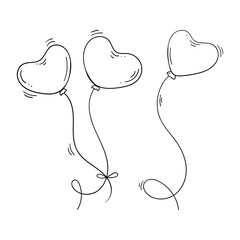 Black and white three heart shaped balloons in doodle style