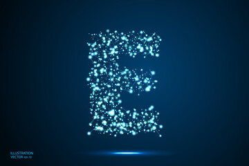 English letters abstract font consists 3d of triangles, lines, dots and connections. On a dark blue background cosmic universe stars, meteorites, galaxies. Vector illustration EPS 10.