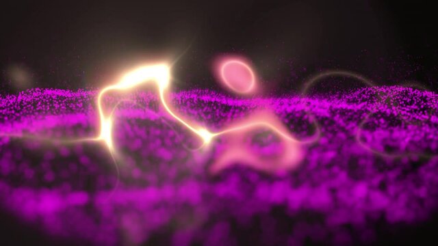 Animation of abstract glowing lines over mesh with pink spots floating and waving on brown backgroun