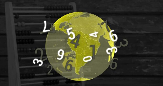 Digital composition of numbers changing over globe against abacus in background