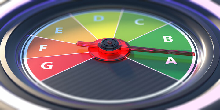Energy efficiency classification, car dashboard speedometer. 3d illustration - Powered by Adobe
