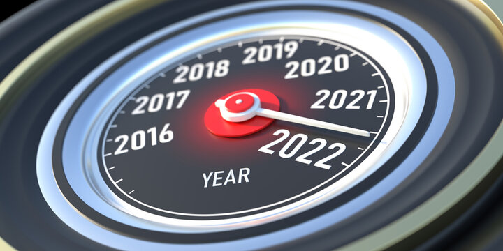 New year 2022 change, car gauge indicator between 2022 and 2021. 3d illustration.
