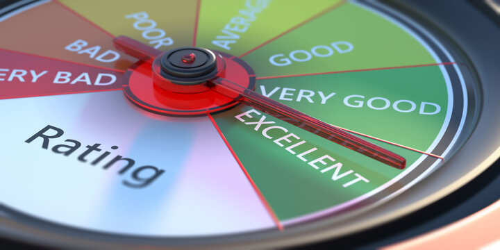 Rating, car dashboard speedometer, close up view. 3d illustration