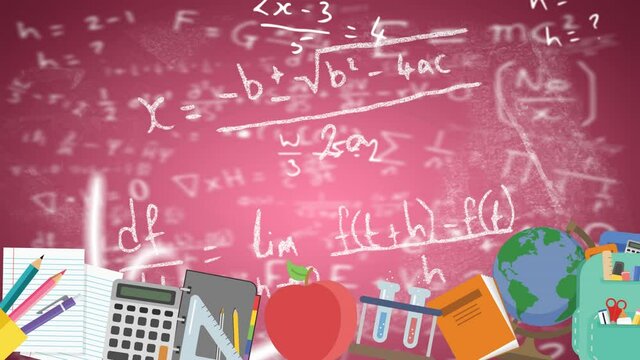 Digital animation of school concept icons over mathematical equations floating on pink background