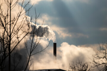 Factory pipe polluting air, environmental problems, smoke from chimneys