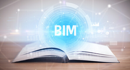 Open book with BIM abbreviation, modern technology concept