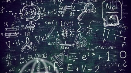 Digital animation of school concept icons and mathematical equations against blue background - Powered by Adobe