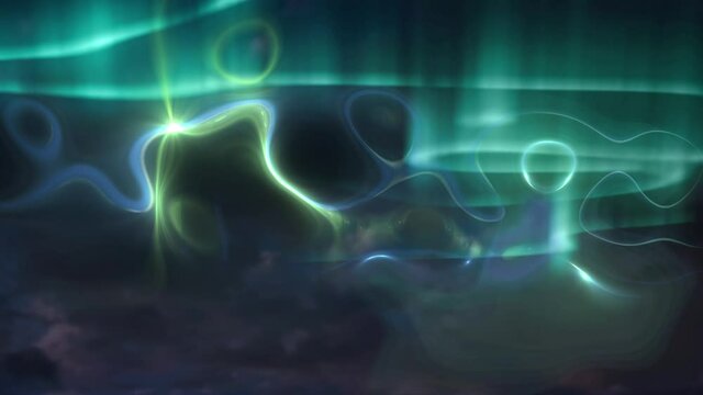 Animation of green and blue aurora borealis lights moving on glowing sky