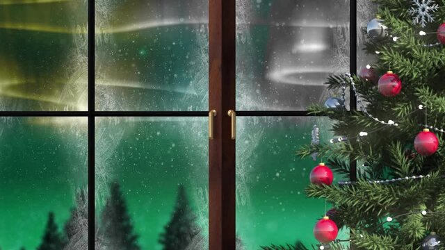 Animation of christmas tree with aurora borealis lights and snowflakes seen through window