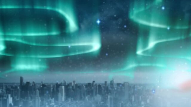 Animation of green and blue aurora borealis lights moving over sky and cityscape