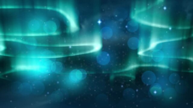 Animation of green and blue aurora borealis lights and spots moving on glowing sky