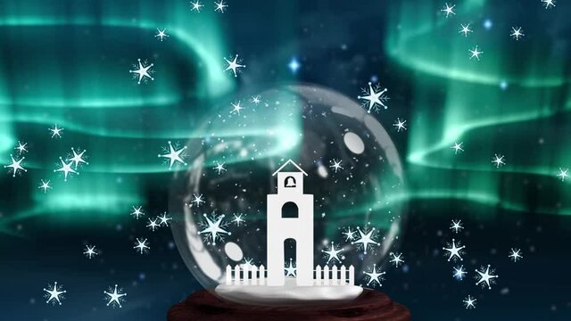 Animation of green and blue aurora borealis lights moving over snow globe and snowflakes