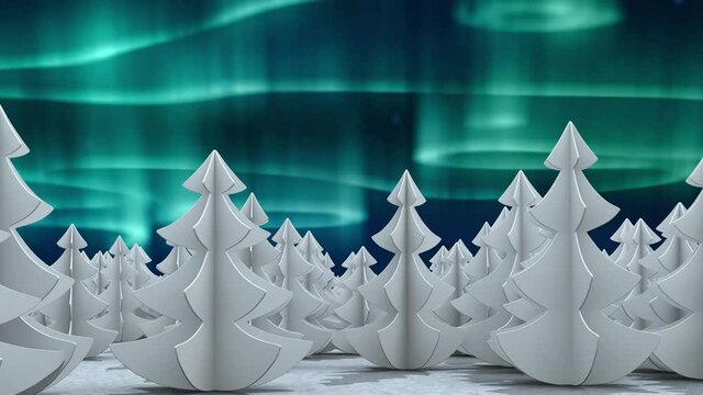 Animation Of Green And Blue Aurora Borealis Lights Moving Over White Fir Trees