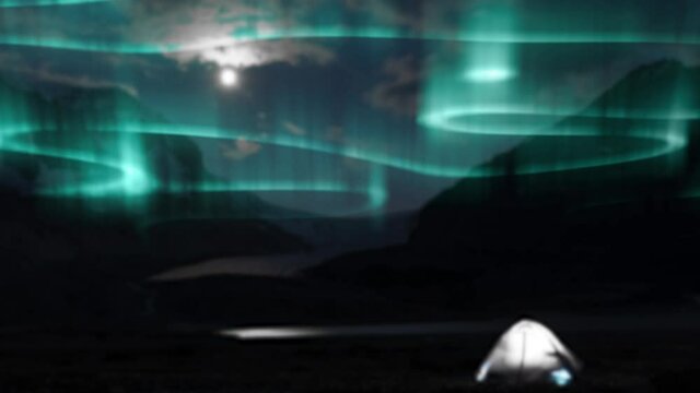 Animation of green and blue aurora borealis lights moving over landscape with mountains at night