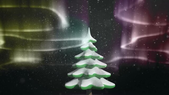 Animation of yellow and pink aurora borealis lights moving over fir tree