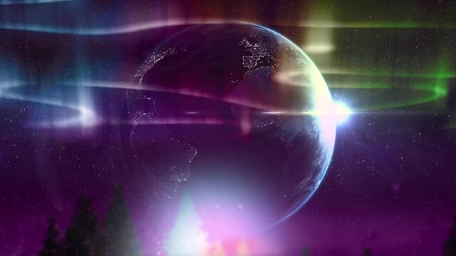 Animation of green, purple and blue aurora borealis lights moving over globe and landscape at night