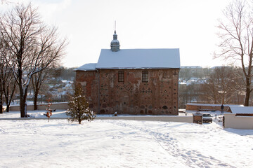 Grodno. Belarus. An old 12th century Orthodox church in a winter park.