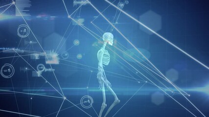 Animation of network of connections and medical data over human skeleton walking - Powered by Adobe