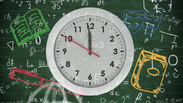 Digital animation of ticking clock and school concept icons against mathematical equation on black b