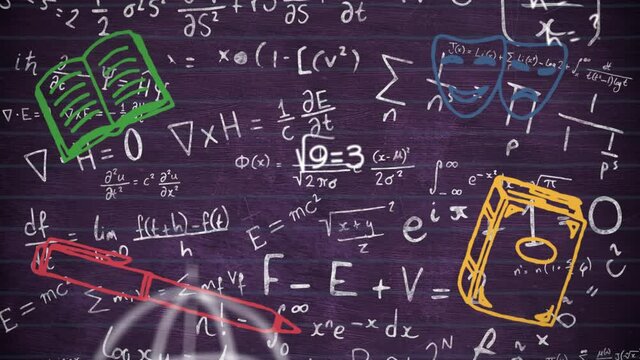 Digital animation of school concept icons against mathematical equation on black background