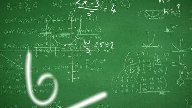 Digital animation of mathematical formulas and symbols floating against mathematical equations on gr