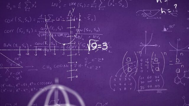 Digital animation of mathematical formulas and symbols floating against mathematical equations on pu