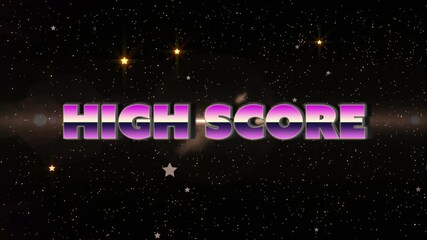 Animation of high score text in pink metallic letters over glowing yellow stars and spotlights - Powered by Adobe