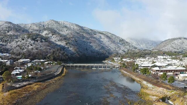 Aerial Japan Shot, Flying Towards Arashiyama and Togetsu-kyo Bridge