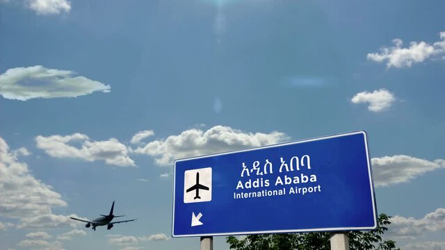 Jet airplane landing in Addis Ababa, Ethiopia. City arrival with airport direction sign. Travel, business, tourism and transport concept. 3D rendering animation.