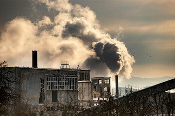 Factory pipe polluting air, environmental problems, smoke from chimneys