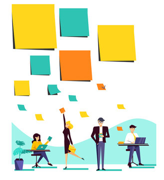 Colored stickers for tasks from large to small ones are disassembled by office employees. The concept of sharding and delegating tasks. Vector illustration.