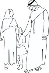 Traditional Emirati young family enjoying the weekend outdoor. The man wearing the dishdash traditional wear, the woman wearing the traditional abaya all black dress cartoon coloring book for kids