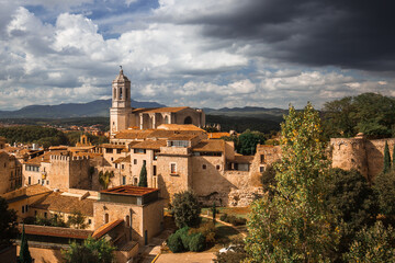 Obraz premium Cityscape of a European town with a medieval cathedral and high bell tower surrounded by buildings with tiled roofs and fortress wall of rough stone with towers. Lots of green trees. Stormy sky. No pe