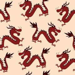 Traditional Chinese red dragon. Retro drawing of a dragon. Red dragon seamless pattern.