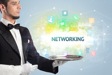 Waiter serving social networking concept with NETWORKING inscription