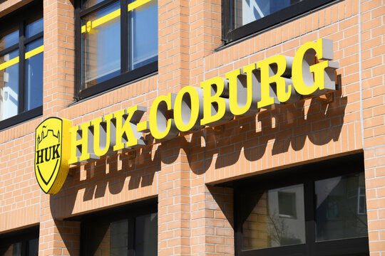 Hannover, Lower Saxony, Germany - April 12, 2020: Logo of HUK insurance in Hanover, Germany - HUK-COBURG is a German private health insurance company