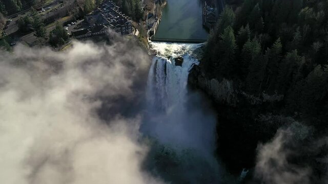 Aerial View Of Salish Lodge And Spa Near Snoqualmie Falls And River In Washington State, USA.