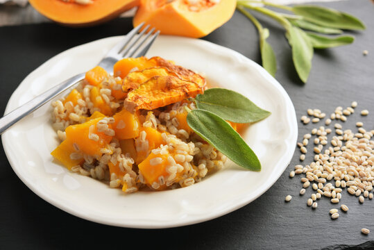 Pearl barley risotto with pumpkin and sage leaves