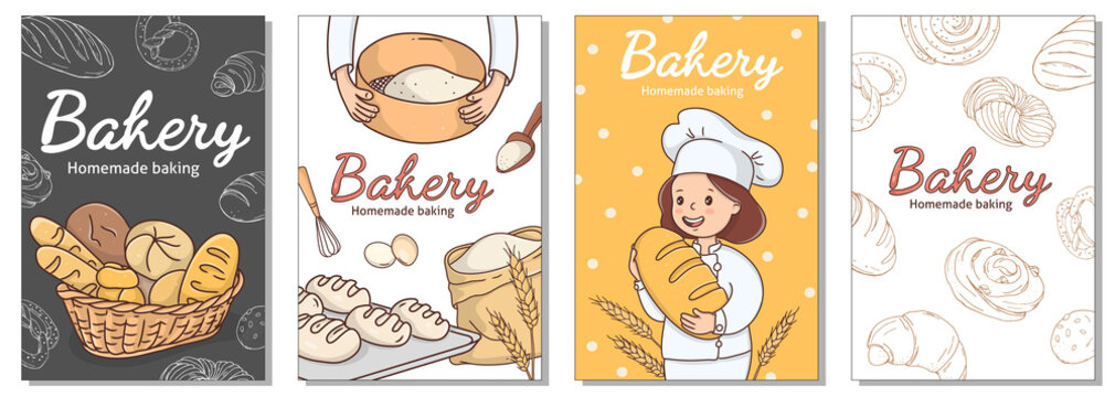 Collection of posters for the bakery. A woman baker with a loaf of bread, a wicker basket with bread and baking ingredients. Colorful vector illustration.
