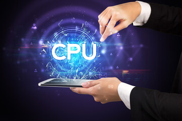 Close-up of a touchscreen with CPU abbreviation, modern technology concept